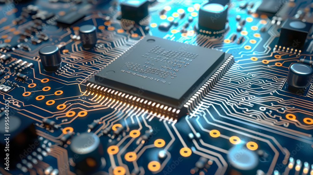 Poster close-up of high-performance integrated circuit microchip on electronic circuit board, future techno