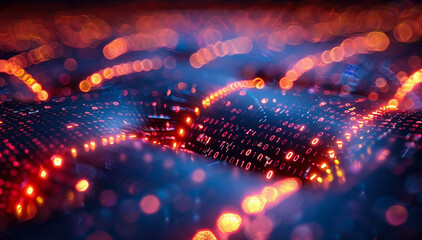 Fototapeta premium Abstract Digital Data Flow with Binary Code and Glowing Fiber Optics Representing Cybersecurity Technology, Night Scene, Futuristic Network Security Concept