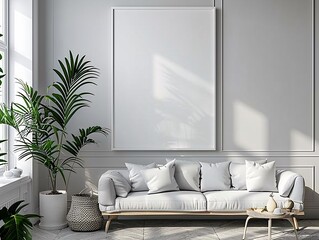 Minimalist Living Room Interior Design with White Sofa, Plants, and a Large Blank Canvas in a White Frame.