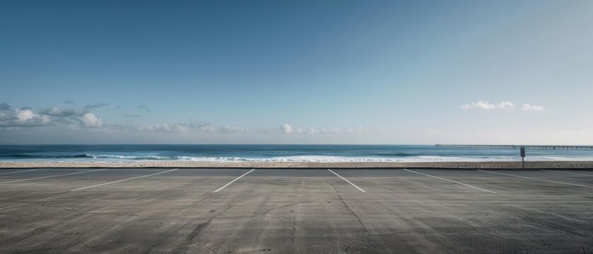 Empty parking lot overlooking ocean with blue sky and clouds.