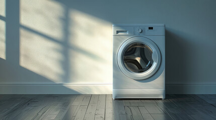 A white washing machine sits on a hardwood floor, bathed in the soft light of a window. The minimalist background emphasizes the sleek lines of the appliance