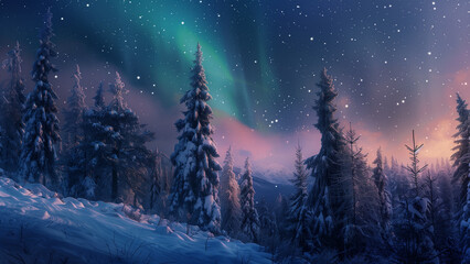 Naklejka premium Winter Solstice Magic: Snow-Covered Pines Under the Aurora Borealis