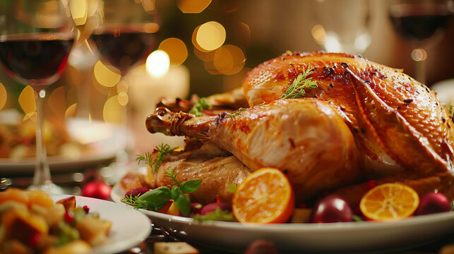 Beautiful elegant thanksgiving turkey closeup with fancy family dinner table background very beautiful gourmet food warm cozy festive bokeh dinner table candle light background warm holiday scene