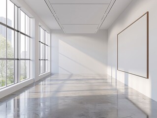Modern Gallery Interior with Large Window, Empty Canvas, and Concrete Floor, Perfect for Art Display or Mockup