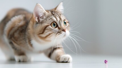 Adorable Tabby Cat Playing With Purple Toy Ball Indoors