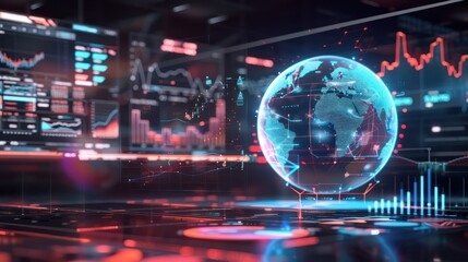 Fototapeta premium conceptual visualization of a financial forecast, with a holographic globe showing different market conditions in various regions