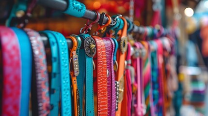Fototapeta premium Colorful fashion belt hanging in front of shop