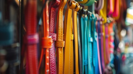 Colorful fashion belt hanging in front of shop