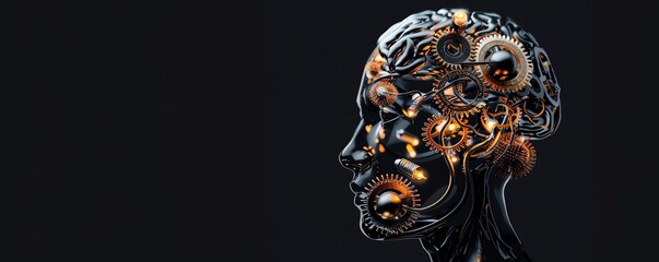 Obraz premium Abstract human head with gears and light bulbs inside, imagination, creative innovation