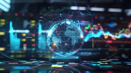 Obraz premium conceptual visualization of a financial forecast, with a holographic globe showing different market conditions in various regions