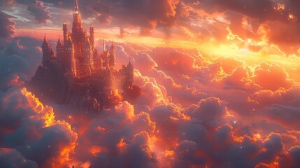 Fototapeta premium Enchanted castle in the clouds at sunset - generative ai