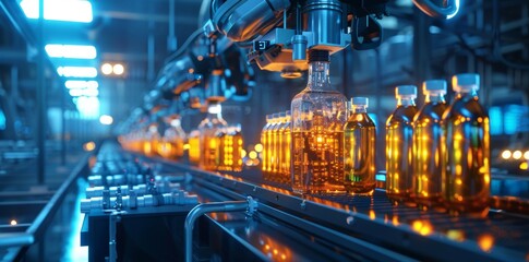 Fototapeta premium A futuristic bottling plant showcases robotic arms operating under neon blue lighting, meticulously filling crystalline bottles with a glowing amber liquid.