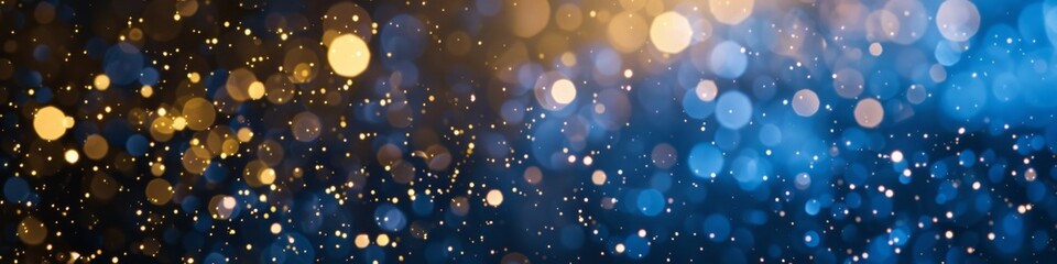 Obraz premium Enchanting New Year's Eve Celebration: Mesmerizing Blue and Gold Abstract Background with Sparkling Bokeh. AI-Generated 4K Wallpaper Capturing Festive Atmosphere, Elegance, and Magical Ambiance. Perfe