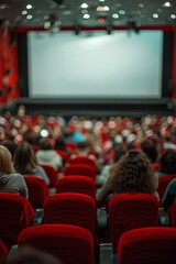 People in the cinema auditorium with Cinema blank wide screen and red chairs in the cinema hall,People silhouettes watching movie performance,empty white screen,space for text.