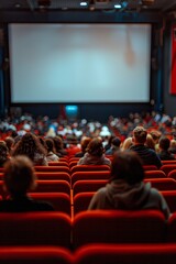 People in the cinema auditorium with Cinema blank wide screen and red chairs in the cinema hall,People silhouettes watching movie performance,empty white screen,space for text.