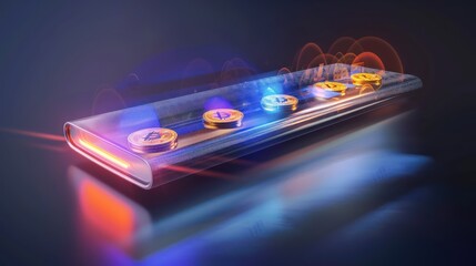 Naklejka premium conceptual visualization of a digital wallet, represented as a sleek, metallic device emitting a holographic display of virtual coins