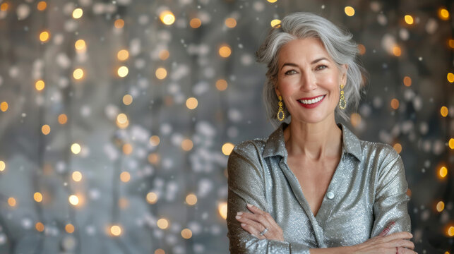 Mature stylish woman close up portrait silver festive well fitted shirt and elegant earrings. Healthy face skin care, skincare fitness, dental. Defocused Christmas party holiday background, copy space