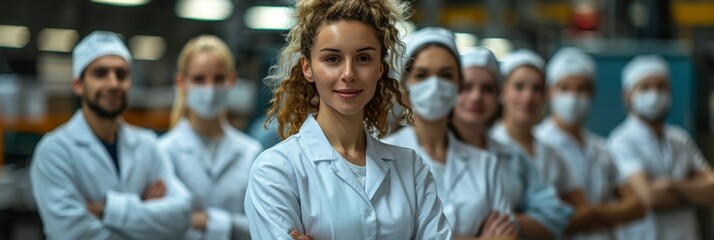 A team of medical professionals in white lab coats standing together in a laboratory setting.
