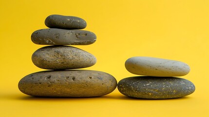 Eight stones laying atop others with a yellow backdrop