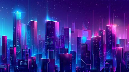 Obraz premium Smart Digital City Concept. Urban Architecture High Towers Concept of the Future City. Virtual Reality Abstract Digital Skyscraper Buildings stunning illustration