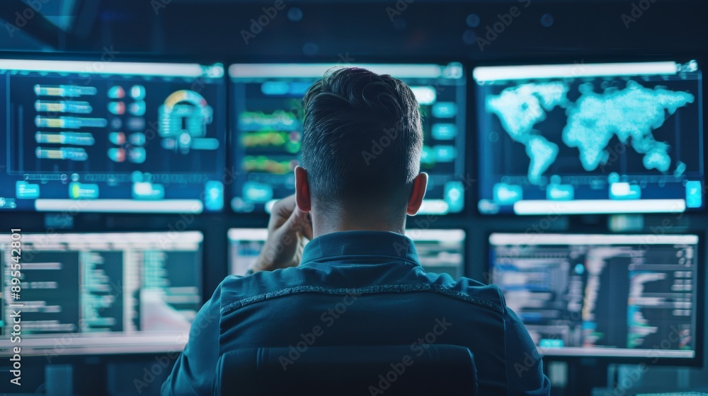 Poster hacker in a dark room with multiple screens displaying code, hacking, cyber intrusion and data breac