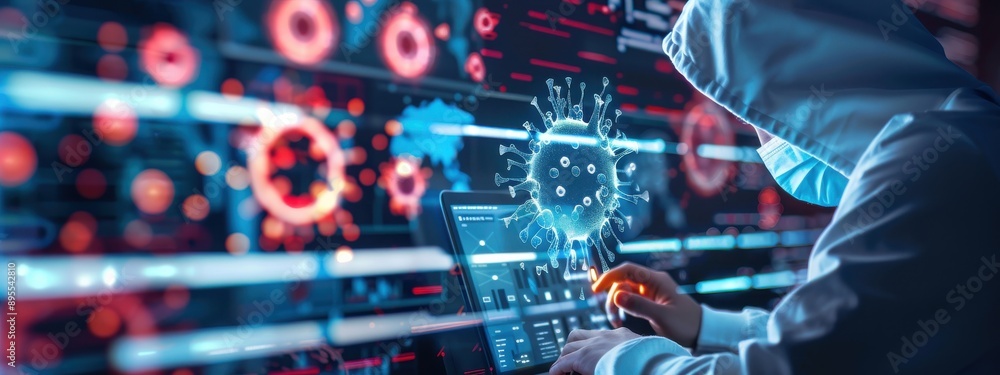 Poster hacker deploying virus, dark web cyber attack