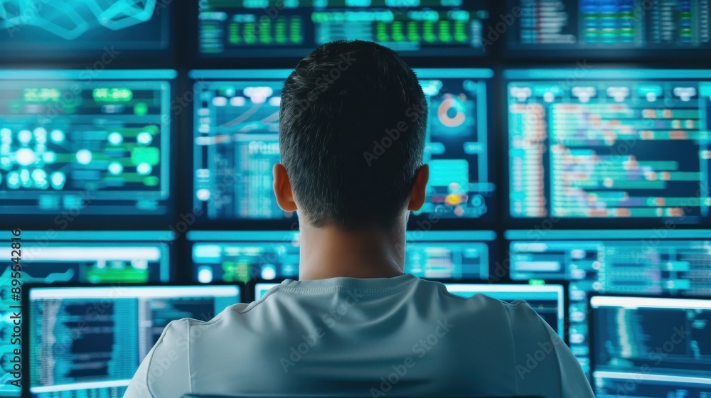 Poster hacker in a dark room with multiple screens displaying code, hacking, cyber intrusion and data breac