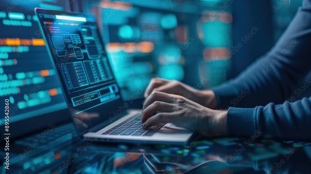 Poster hacker typing on a laptop with multiple screens showing stolen data, identity theft, cybercrime and 