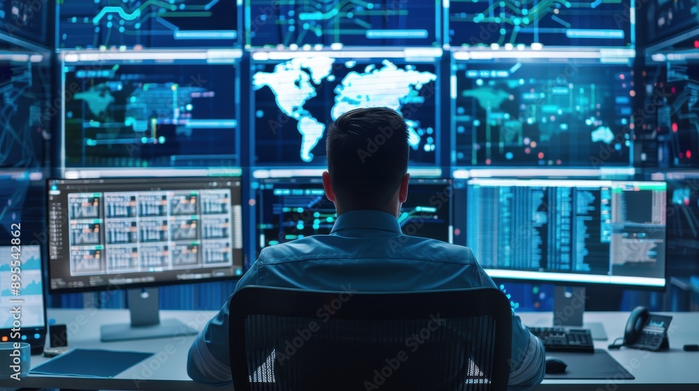 Poster hacker with multiple monitors displaying breached data, betray, cyber manipulation and security brea