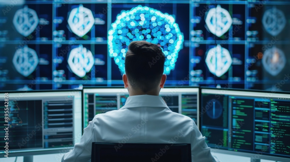 Poster hacker with multiple monitors displaying breached data, betray, cyber manipulation and security brea