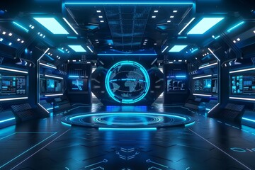 Futuristic Control Room with Glowing Globe