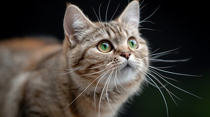 Close-Up of Green-Eyed Tabby Cat on Black Background
