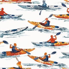 Watercolor kayaking seamless repeating pattern, minimal pattern, high contrasty 