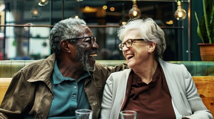 Fototapeta premium senior citizens sitting at a cafe table, sharing a moment of laughter