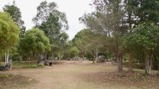 The Plain of Jars site 3.Laos forest. Megalithic archaeological landscape consists of thousands of stone jars scattered around the upland valleys lower foothills central plain - Xiangkhoang Plateau