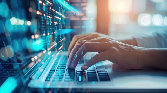 Hands typing on a laptop with ransomware alert, Ransomware, cyber extortion and data recovery