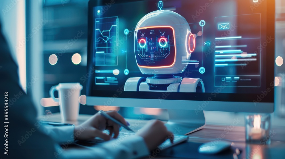 Poster individual conversing with a chatbot on their desktop, engaging in language exercises during the int