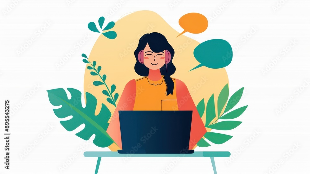 Poster individual conversing with a virtual assistant on a laptop, receiving language practice exercises du