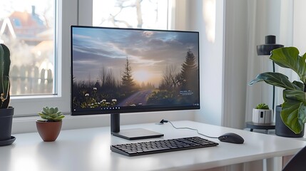 Fototapeta premium A minimalist desktop setup featuring an ultra thin monitor, wireless keyboard, mouse, and a potted succulent on a clean white desk bathed in natural light, perfect for a modern and elegant workspace