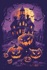Fototapeta premium Graphic t-shirt design style halloween haunted house. Pumpkin heads. Purple background