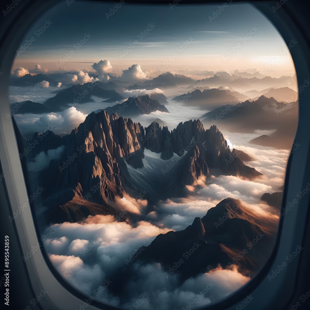 Poster beautiful mountain landscape with clouds in the window of a plane generated by ai