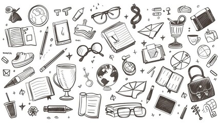 High resolution black and white vector of detailed school icons.
