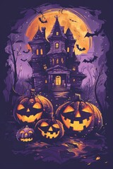 Fototapeta premium Graphic t-shirt design style halloween haunted house. Pumpkin heads. Purple background
