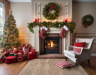 Christmas living room interior with fireplace, gifts and christmas tree