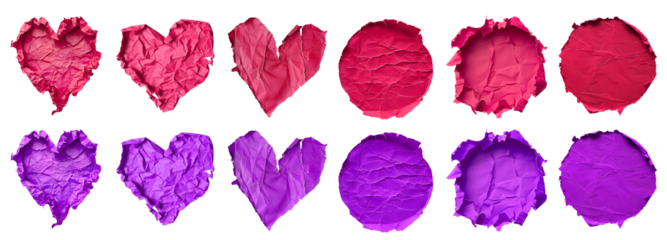 Collection set of magenta purple pink crumpled crushed scrunched torn paper heart love, circle round shape on transparent cutout, PNG file. Many different design. Mockup template artwork graphic