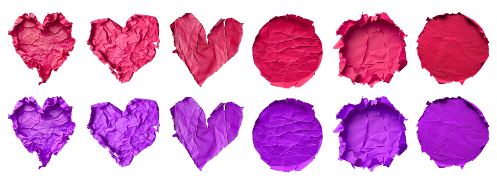 Collection set of magenta purple pink crumpled crushed scrunched torn paper heart love, circle round shape on transparent cutout, PNG file. Many different design. Mockup template artwork graphic