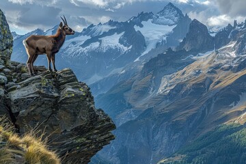 A picturesque image of a chamois standing on a rocky ledge in the Alps, with a dramatic backdrop of snow