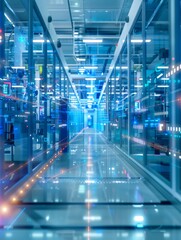 Obraz premium A high-tech factory floor gleams under an intricate network of digital automation lines.