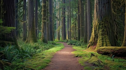 Naklejka premium Sunlight Through Tall Trees in a Lush Forest