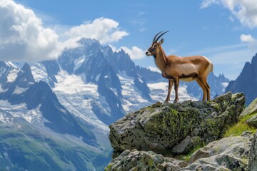 A picturesque image of a chamois standing on a rocky ledge in the Alps, with a dramatic backdrop of snow